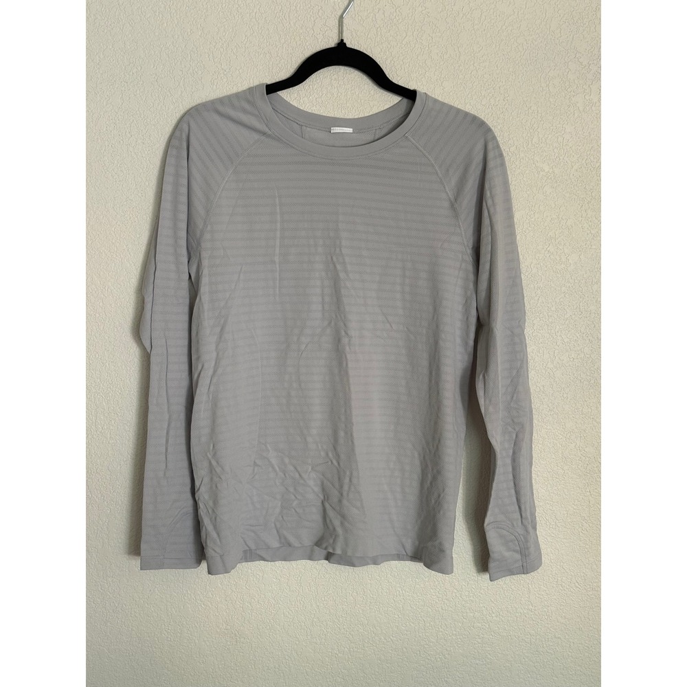 Athleta Momentum Long Sleeve Top Gray blue Pointelle Stripe Thumbholes